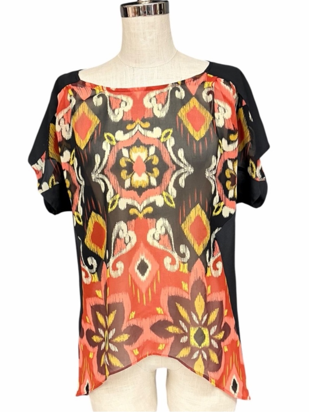 Allen B by Allen Schwartz Abstract Ikat Draped Back Tunic Top Medium